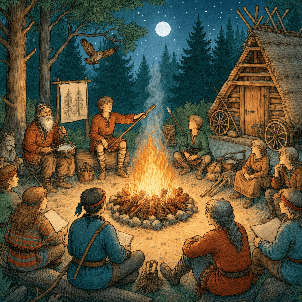 Painted scene of villagers gathered round a campfire at night, telling stories