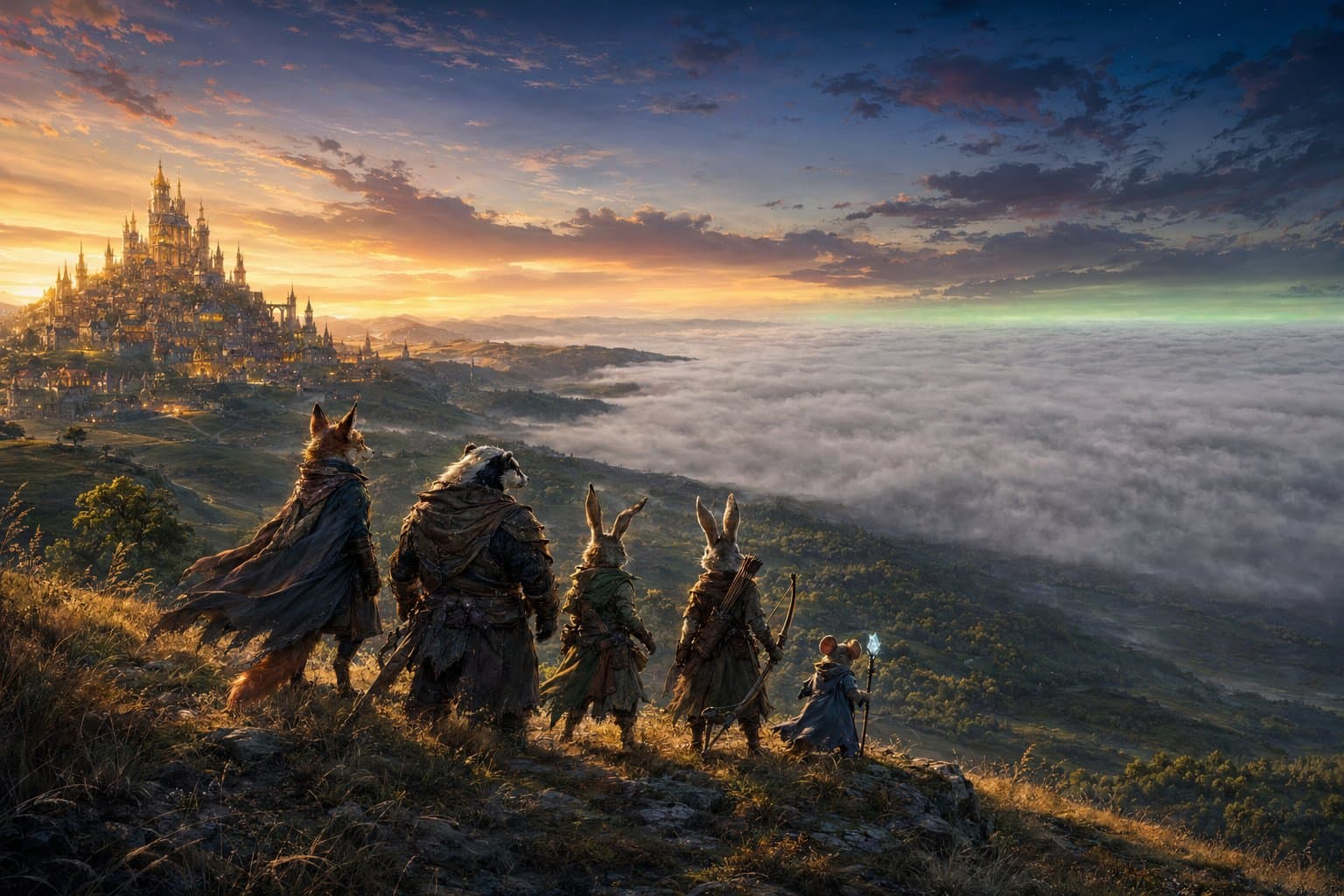 A fox, a badger, two rabbits and a mouse look out from a hilltop over a sea of mist towards a glowing city