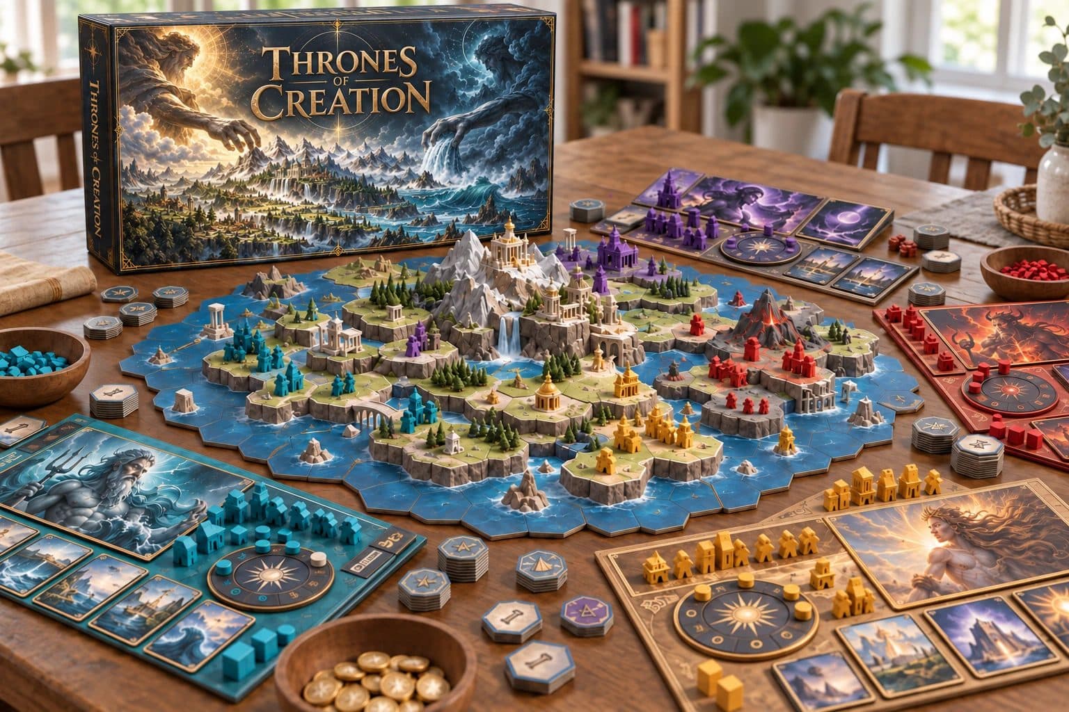 Thrones of Creation on a table: an island of stacked hex terrain with mountains, waterfalls and coloured towns
